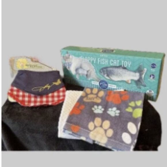 Other - electric floppy fish cat toy, paw print towel, and a cute bandana